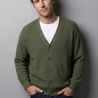 Medium Khaki Regular Fit V-Neck Purl Knit Cardigan