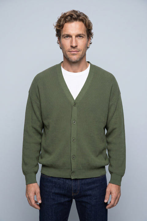 Medium Khaki Regular Fit V-Neck Purl Knit Cardigan