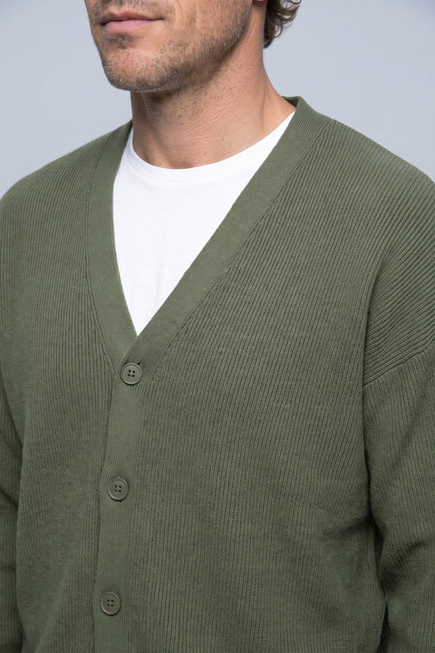 Medium Khaki Regular Fit V-Neck Purl Knit Cardigan