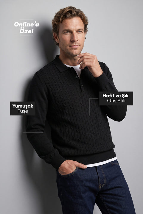 Siyah Polo Yaka Regular Fit Pamuklu Saç Örgü Desenli Yumuşak Tuşeli Triko Kazak