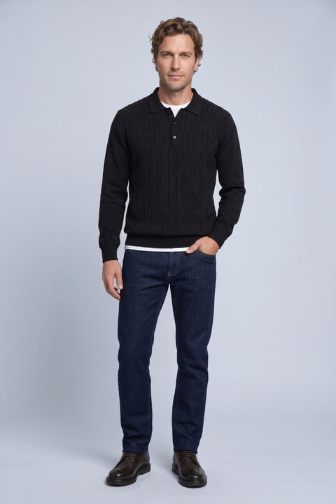 Siyah Polo Yaka Regular Fit Pamuklu Saç Örgü Desenli Yumuşak Tuşeli Triko Kazak