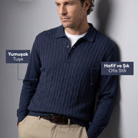 Koyu Lacivert Polo Yaka Regular Fit Pamuklu Saç Örgü Desenli Yumuşak Tuşeli Triko Kazak