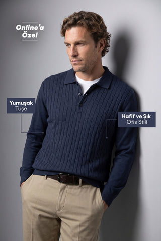 Koyu Lacivert Regular Fit Polo Yaka Pamuk/Akrilik Saç Örgü Desen Triko Kazak