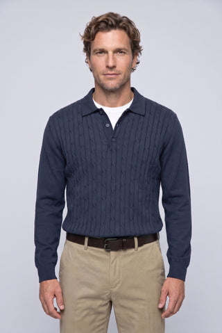 Koyu Lacivert Regular Fit Polo Yaka Pamuk/Akrilik Saç Örgü Desen Triko Kazak