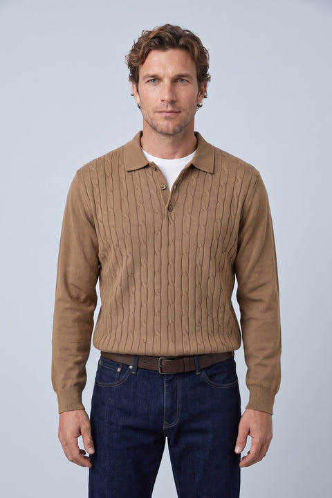 Orta Kahve Polo Yaka Regular Fit Pamuklu Saç Örgü Desenli Yumuşak Tuşeli Triko Kazak