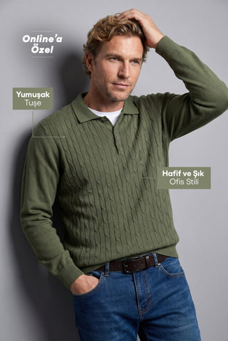 Orta Haki Regular Fit Polo Yaka Pamuk/Akrilik Saç Örgü Desen Triko Kazak