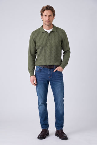 Orta Haki Regular Fit Polo Yaka Pamuk/Akrilik Saç Örgü Desen Triko Kazak