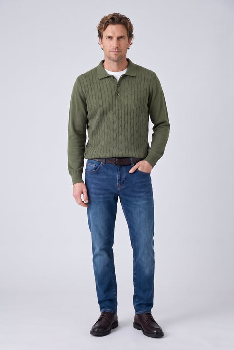Orta Haki Polo Yaka Regular Fit Pamuklu Saç Örgü Desenli Yumuşak Tuşeli Triko Kazak