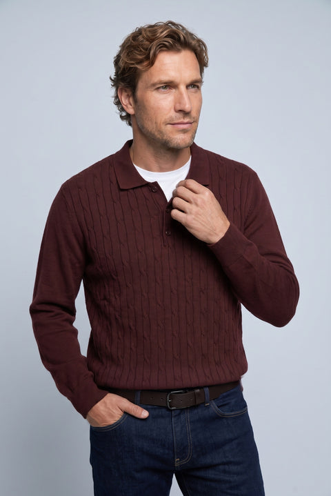 Koyu Bordo Polo Yaka Regular Fit Pamuklu Saç Örgü Desenli Yumuşak Tuşeli Triko Kazak
