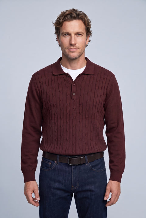 Koyu Bordo Polo Yaka Regular Fit Pamuklu Saç Örgü Desenli Yumuşak Tuşeli Triko Kazak