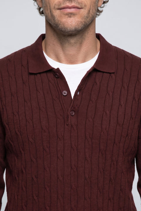 Koyu Bordo Polo Yaka Regular Fit Pamuklu Saç Örgü Desenli Yumuşak Tuşeli Triko Kazak