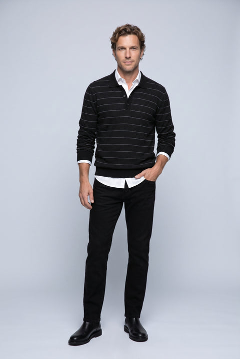 Black Regular Fit Polo Neck Cotton/Acrylic Striped Knit Sweater