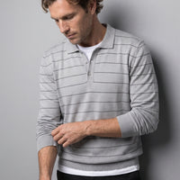 Medium Grey Regular Fit Polo Neck Cotton/Acrylic Striped Knit Sweater