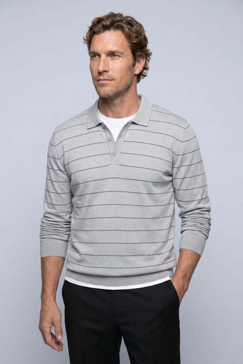Medium Grey Regular Fit Polo Neck Cotton/Acrylic Striped Knit Sweater