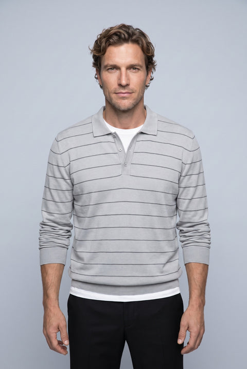Medium Grey Regular Fit Polo Neck Cotton/Acrylic Striped Knit Sweater
