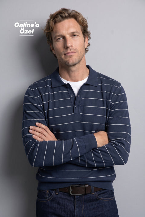 Dark Navy Regular Fit Polo Neck Cotton/Acrylic Striped Knit Sweater