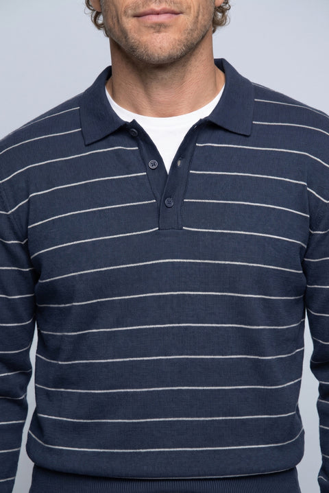 Dark Navy Regular Fit Polo Neck Cotton/Acrylic Striped Knit Sweater