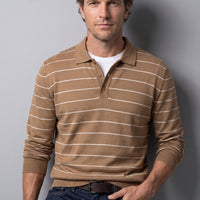 Medium Coffee Regular Fit Polo Neck Cotton/Acrylic Stripe Pattern Knitted Sweater