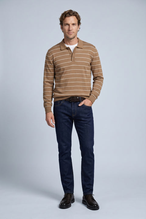 Medium Coffee Regular Fit Polo Neck Cotton/Acrylic Stripe Pattern Knitted Sweater