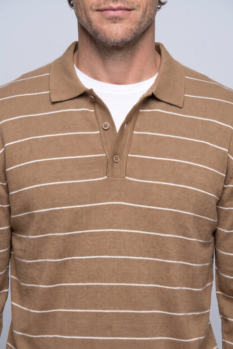 Medium Coffee Regular Fit Polo Neck Cotton/Acrylic Stripe Pattern Knitted Sweater
