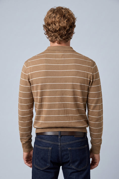 Medium Coffee Regular Fit Polo Neck Cotton/Acrylic Stripe Pattern Knitted Sweater