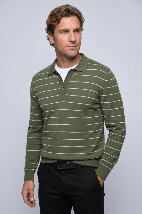 Medium Khaki Regular Fit Polo Neck Cotton/Acrylic Striped Knit Sweater