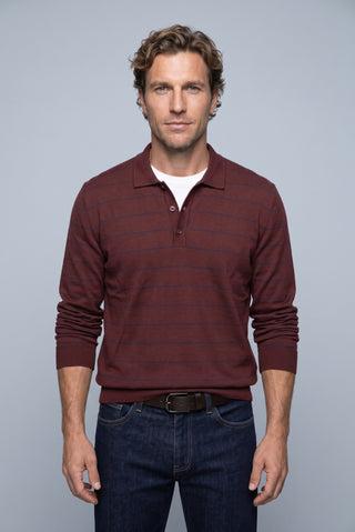 Koyu Bordo Polo Yaka Regular Fit Pamuklu Çizgili Yumuşak Tuşeli Triko Kazak