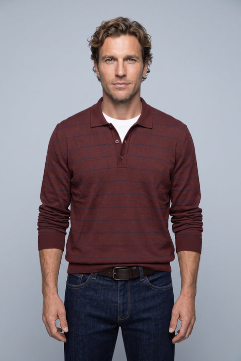 Dark Burgundy Regular Fit Polo Neck Cotton/Acrylic Striped Knit Sweater