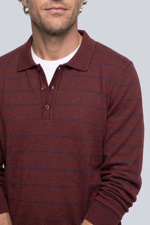 Dark Burgundy Regular Fit Polo Neck Cotton/Acrylic Striped Knit Sweater