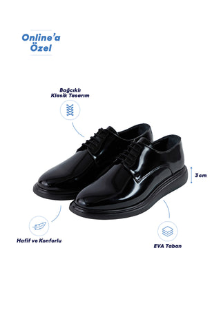 Açık Siyah EVA Taban Rahat Konforlu Bağcıklı Rugan Smart Casual Ayakkabı