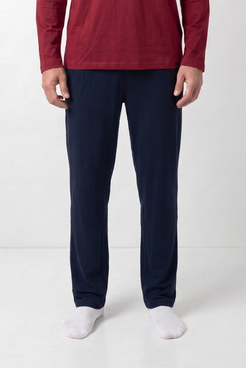Dark Navy Round Neck Long Sleeve Elastic Waist Pockets Cotton Stretchy 2-Piece Pajama Set