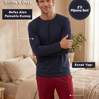 Dark Burgundy Crew Neck Long Sleeve Elastic Waist Pockets Cotton Stretchy 2-Piece Pajama Set