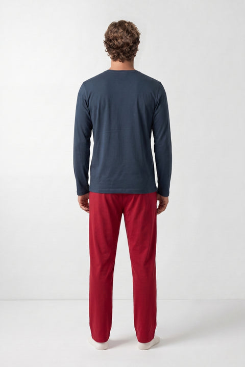 Dark Burgundy Crew Neck Long Sleeve Elastic Waist Pockets Cotton Stretchy 2-Piece Pajama Set