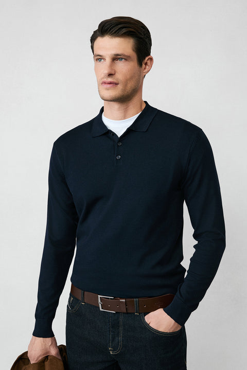 Koyu Lacivert Regular Fit Düğmeli Polo Yaka Triko Kazak