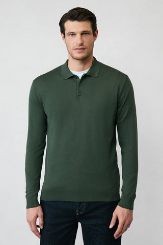 Orta Haki Regular Fit Düğmeli Polo Yaka Triko Kazak