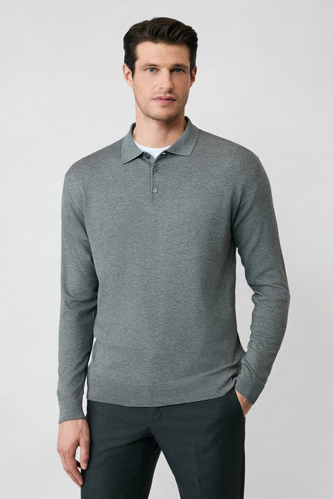 Orta Anrasit Melanj Regular Fit Düğmeli Polo Yaka Triko Kazak