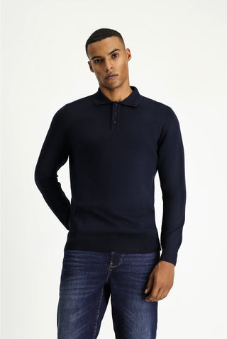 Koyu Lacivert Polo Yaka Regular Fit Pamuklu Triko Kazak