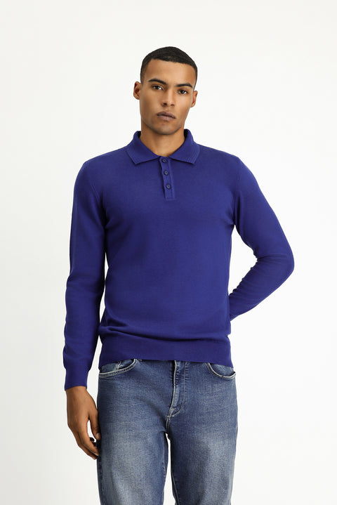 İndigo Polo Yaka Regular Fit Pamuklu Triko Kazak