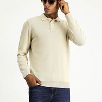 Medium Beige Polo Collar Regular Fit Cotton Knit Sweater