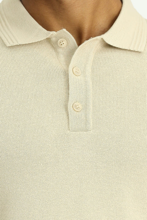 Medium Beige Polo Collar Regular Fit Cotton Knit Sweater