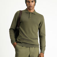 Medium Khaki Polo Collar Regular Fit Cotton Knit Sweater