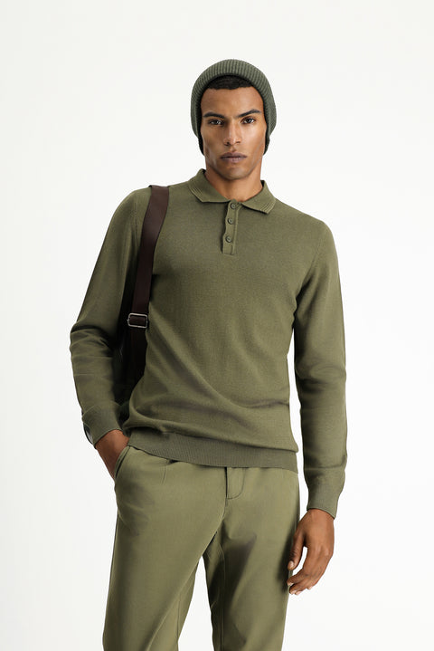 Medium Khaki Polo Collar Regular Fit Cotton Knit Sweater