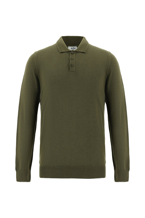 Medium Khaki Polo Collar Regular Fit Cotton Knit Sweater