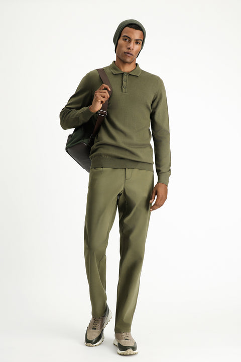 Medium Khaki Polo Collar Regular Fit Cotton Knit Sweater