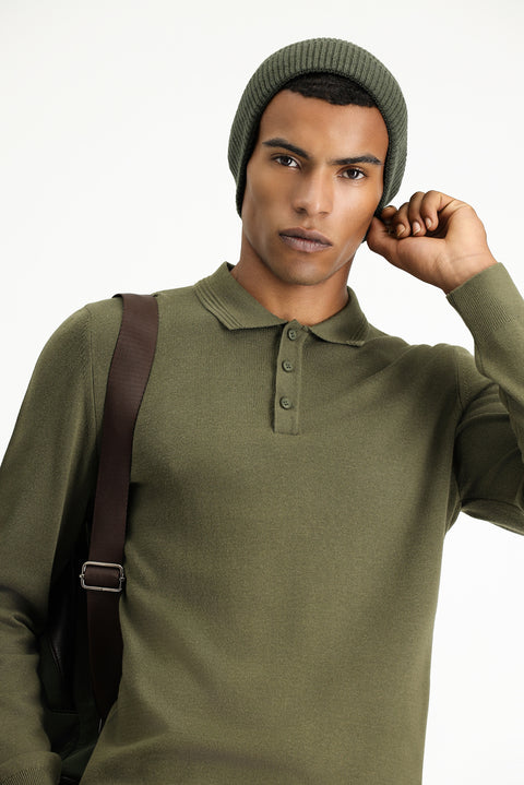 Medium Khaki Polo Collar Regular Fit Cotton Knit Sweater