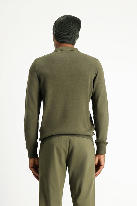 Medium Khaki Polo Collar Regular Fit Cotton Knit Sweater