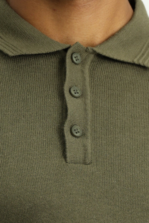 Medium Khaki Polo Collar Regular Fit Cotton Knit Sweater