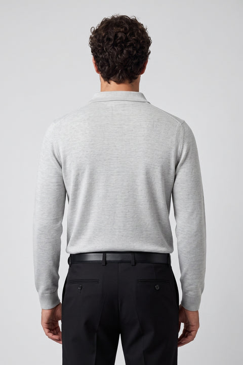 Light Grey Melange Polo Collar Button-Down Regular Fit Warm Wool Knit Sweater