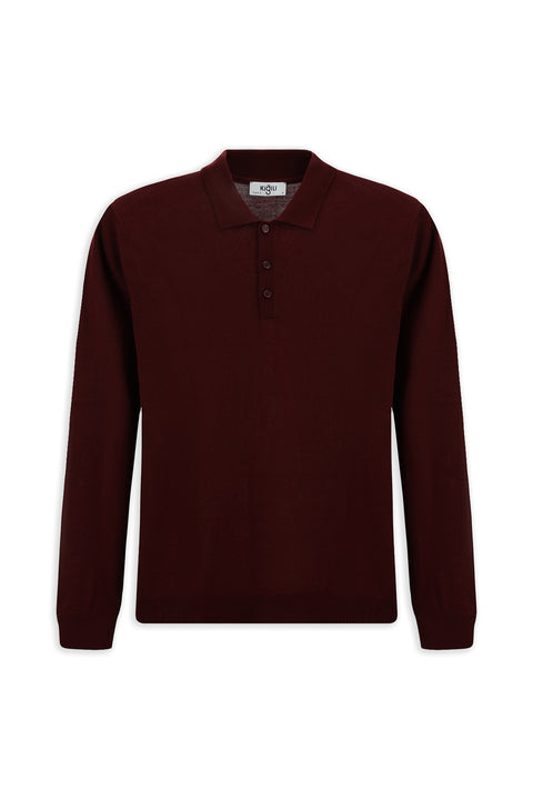 Dark Burgundy Polo Collar Button-Down Regular Fit Warm Wool Knit Sweater