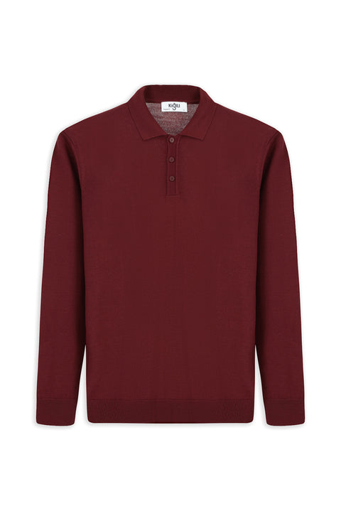 Dark Burgundy Polo Collar Button-Down Regular Fit Warm Wool Knit Sweater